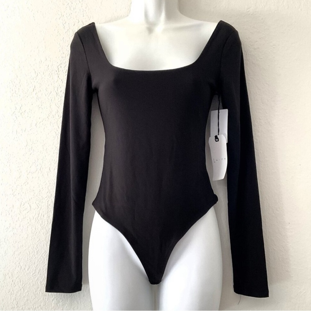 LEITH BLACK LONG SLEEVE DOUBLE SCOOP THONG BODYSUIT LONGSLEEVE size Small NWT - Picture 2 of 7